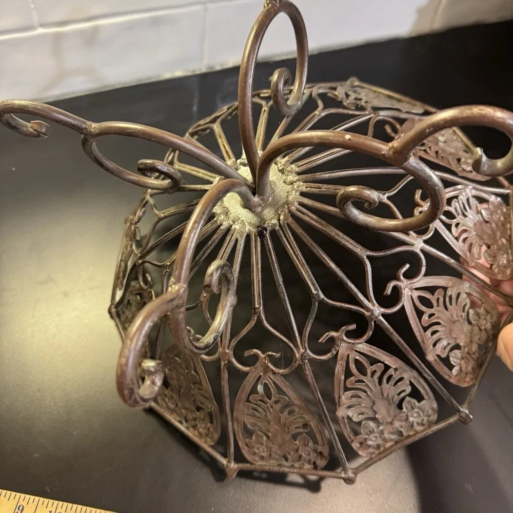 Vintage Iron Scroll Design Brown Metal Fruit Bowl Footed Pedestal Basket